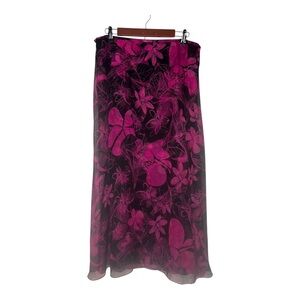 Vintage 100% Silk Skirt Black & Pink Floral Print Size 16